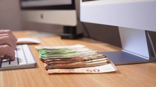 Long row of euro banknotes is spread across a wooden desk in front of computer monitors while someone types. The camera moves from right to left along the money.