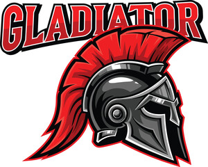 Red gladiator helmet mascot logo, spartan warrior head, ancient armor vector illustration, sports team emblem, typography text design.