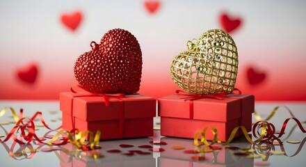 Two heart shaped ornaments on red gift boxes for valentine's day celebration
