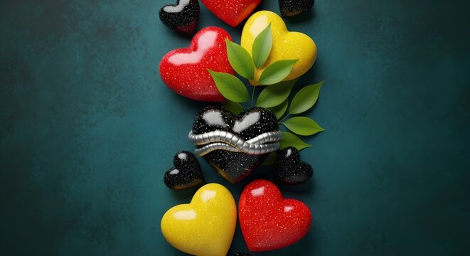 Colorful hearts with leaves arranged on a dark teal textured surface love theme - Powered by Adobe