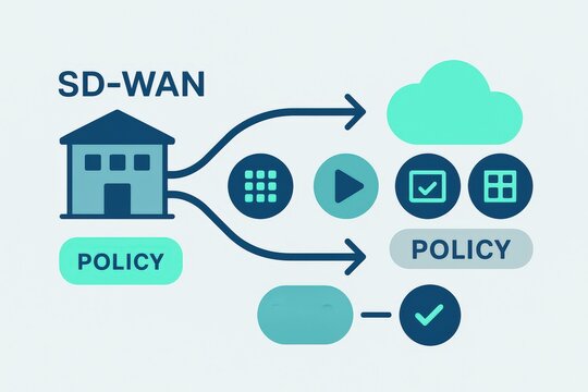 SD WAN illustration showcasing network policy integration and cloud connectivity through insightful visual representation of modern digital infrastructure