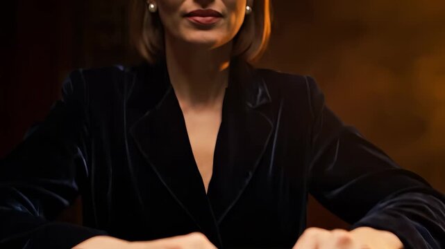 Woman playing poker at casino table. Confident player sits with chip stack and single card on felt. Serious gambler studies odds and sizes up bet. Tall stack suggests high stakes. Tension visible.