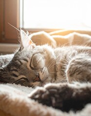 closeup of striped grey cat sleeping in front of a window in the sunlight