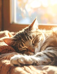 closeup of striped grey cat sleeping in front of a window in the sunlight