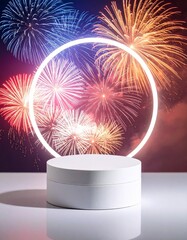 white pedestal product mock up with light ring and fireworks in background