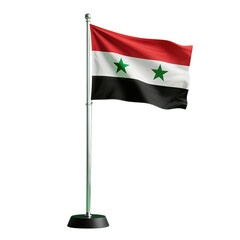 Syrian flag on a metallic flagpole with a base