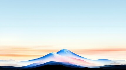 A stylized mountain range with a prominent snow-capped peak under a soft gradient sky with pastel clouds.