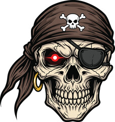 Scary pirate skull mascot, brown bandana, eye patch, glowing red eye, gold earring, vector illustration, halloween horror head design.