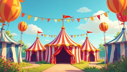 Amusement park background with colorful circus tents on green lawn. Funfair festival for summer family entertainment, kids fun. Outdoor carnival with striped pavilion balloons, flags under blue sky.