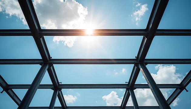 Steel beams form structural frame against clear blue sky with bright sun, clouds. Metallic grid pattern suggests industrial construction or building in progress. This abstract view offers perspective.