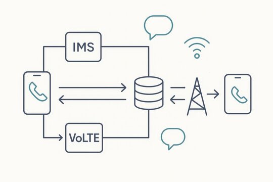 Comprehensive visual representation of IMS and VoLTE technology illustrating mobile communication framework data flow and user interaction within advanced telecommunication systems