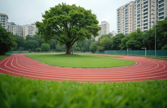 Empty red running track curves around green field with big tree. Outdoor stadium set in city park with modern apartment buildings in background. Public space for athletics, workout, training,