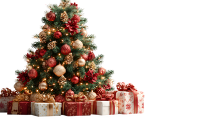 Beautifully decorated Christmas tree with red and gold ornaments, glowing fairy lights, and wrapped gifts placed underneath, elegant festive celebration scene, isolated on white background 