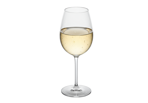 a single chilled crystal wine glass with pale gold sauvignon blanc and condensation beads, flat lay on transparent background with copy space, minimalist concept for beverage advertising - Powered by Adobe