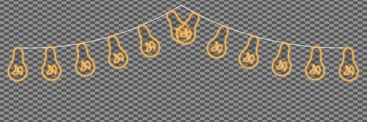 Glowing Hanging String Lights Garland with Warm Neon Bulbs on Transparent