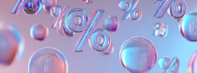3D illustration of a transparent glass percent symbol, floating in the air with iridescent reflections and soft pastel gradients. Futuristic minimalistic concept for discounts, sales