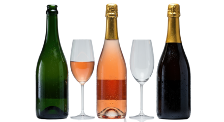 three chilled luxury sparkling wine bottles (green, rosé, amber) with reflective gold foil tops, meticulously arranged on a transparent studio surface with dramatic rim lighting. concept for beverage
