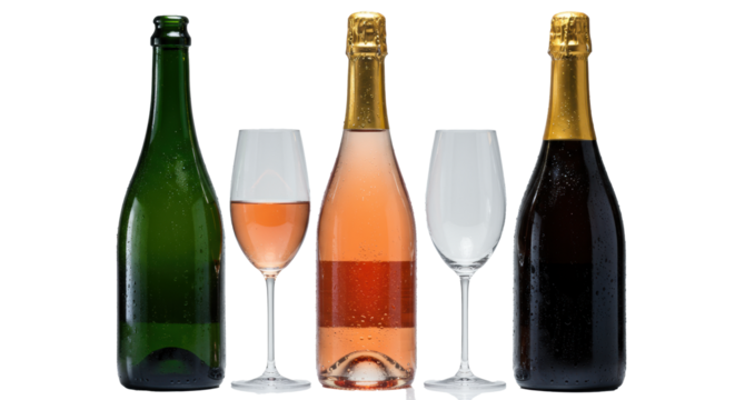 three chilled luxury sparkling wine bottles (green, rosé, amber) with reflective gold foil tops, meticulously arranged on a transparent studio surface with dramatic rim lighting. concept for beverage