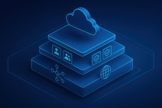 Multi layered architectural representation of cloud computing, emphasizing secure user access and global connectivity, showcasing the digital transformation and technological advancements