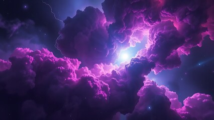 A vast, chaotic nebula cloud in vibrant purples and blues, crackling with energy and birthing new stars.