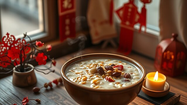 Steaming ceramic bowl of Laba porridge with grains and dried fruits on a rustic wooden table.