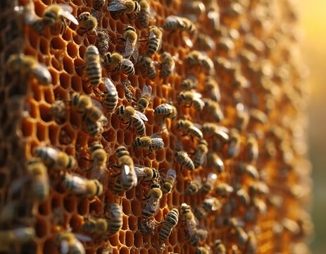 Close-up view of busy bee hive filled with honeycombs, active bees. Numerous insects work within wooden structure collecting pollen, wax. Image natural apiculture, vital role of bees in agriculture.