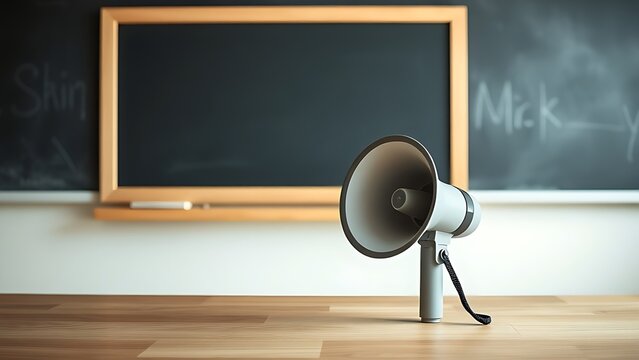 Megaphone on a wooden surface in front of an empty chalkboard in a minimalist educational setting.