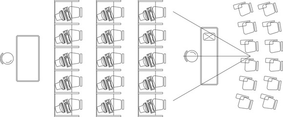 Vector line drawing of an auditorium or cinema plan view, showing screen, seating rows, and sightlines, for theater and lecture hall design.