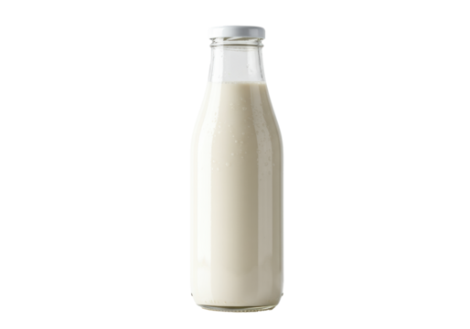 A vintage thick glass bottle filled with creamy opaque almond milk, sealed with a matte white cap, condensation on glass, transparent background, copy space. concept for premium healthy beverage
