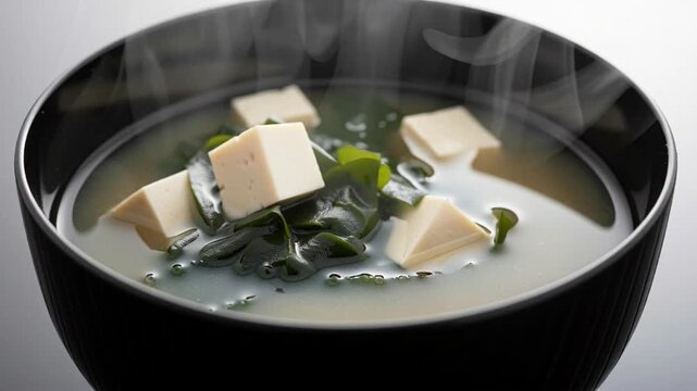 Close-up shot of steaming miso soup with tofu and seaweed in a black bowl for a meal