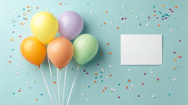 Colorful easter eggs and confetti on a light blue background - Powered by Adobe