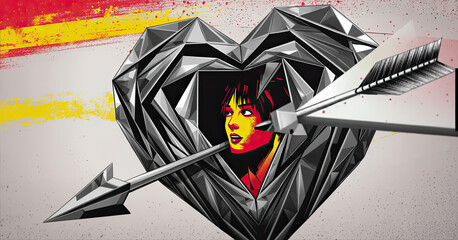 - Woman gazing inside geometric heart pierced by arrow