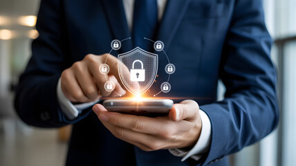 Businessman managing cybersecurity on smartphone with shield and padlock icons, ensuring data protection and privacy in a connected world, secure technology