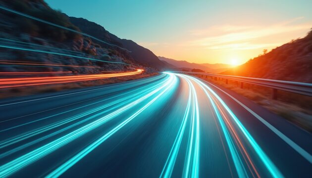 Road leads into sunset with light trails. Motion blur shot on highway with mount backdrop. Abstract pattern of light represents speed, progress, modern transportation at dusk in nature.