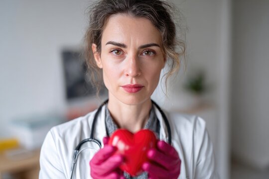 Woman doctor cardiologist in uniform holding red heart in medical clinic.