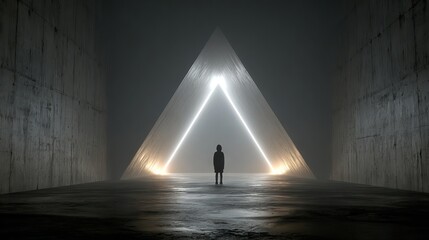 Mysterious person standing in front of large glowing triangle portal inside brutalist concrete tunnel with dramatic cinematic lighting and futuristic sci fi atmosphere