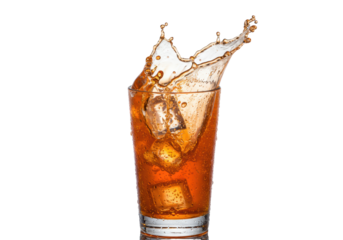 macro shot of a heavily sweating highball glass filled with hyper-vibrant orange soda splashing aggressively. ice cubes suspended mid-air on a transparent background, cinematic lighting. concept for