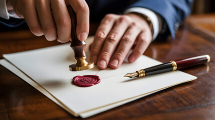 Sophisticated executive seals important document with wax seal, emphasizing trust, authority, and commitment to quality and tradition in business deals.