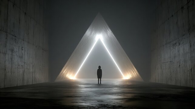 Mysterious person standing in front of large glowing triangle portal inside brutalist concrete tunnel with dramatic cinematic lighting and futuristic sci fi atmosphere