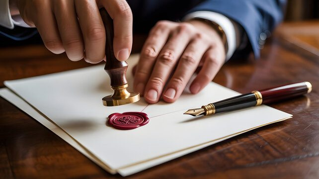 Sophisticated executive seals important document with wax seal, emphasizing trust, authority, and commitment to quality and tradition in business deals.
