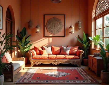 Warm Moroccan living room features carved wood sofa with orange cushions, patterned rug, and plants. Hanging lanterns cast soft light. Arched window with lattice lets in natural sunlight.