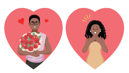 Flat Design Black Couple Love Hearts with Red Roses
