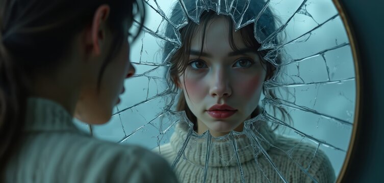 Young woman sees distorted reflection in cracked mirror surface. Inner turmoil, identity crisis, emotional fragility, self perception issues visualized through broken glass imagery. Sadness, worry.