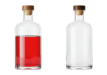 Two sleek, minimalist flask-style glass bottles, one filled with vibrant crimson spirit, the other empty, dark wood caps, on a transparent background. Concept for luxury liquor advertising