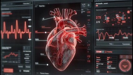 Explore heart health through stunning graphics and vital statistics on a digital display in a high-tech medical setting - Powered by Adobe