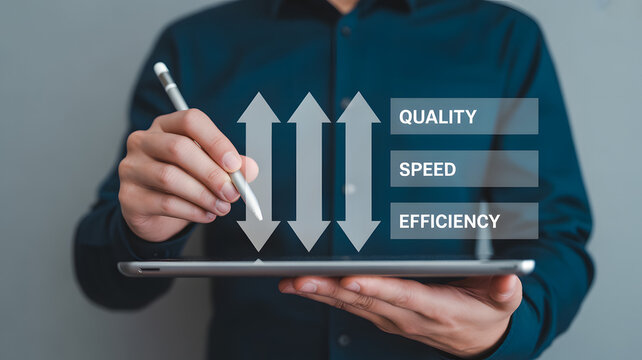 Achieving quality, speed, and efficiency with digital transformation presented on a tablet for business growth and process improvement success