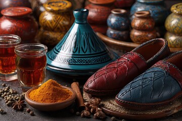 A Vibrant Display of Traditional Moroccan Artifacts Featuring Colorful Shoes, Spices, and Tea in a Richly Decorated Setting
