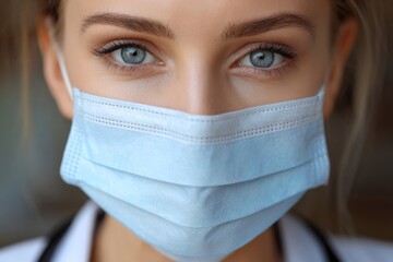 Woman doctor wearing medical mask with stethoscope looking at camera in clinic.