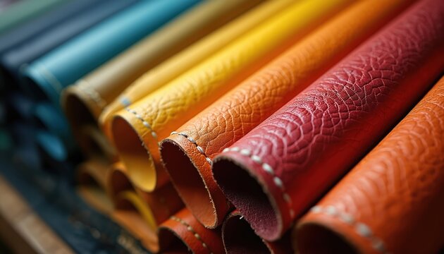 Neatly arranged rolls of dyed leather sheets in vivid colors including red, orange, yellow, blue. Textured material stacked for crafting projects, fashion design, ideal for artisan workshops. Supple