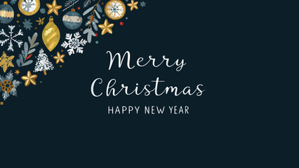 Merry christmas and happy new year text with festive decorations on a dark blue background design card